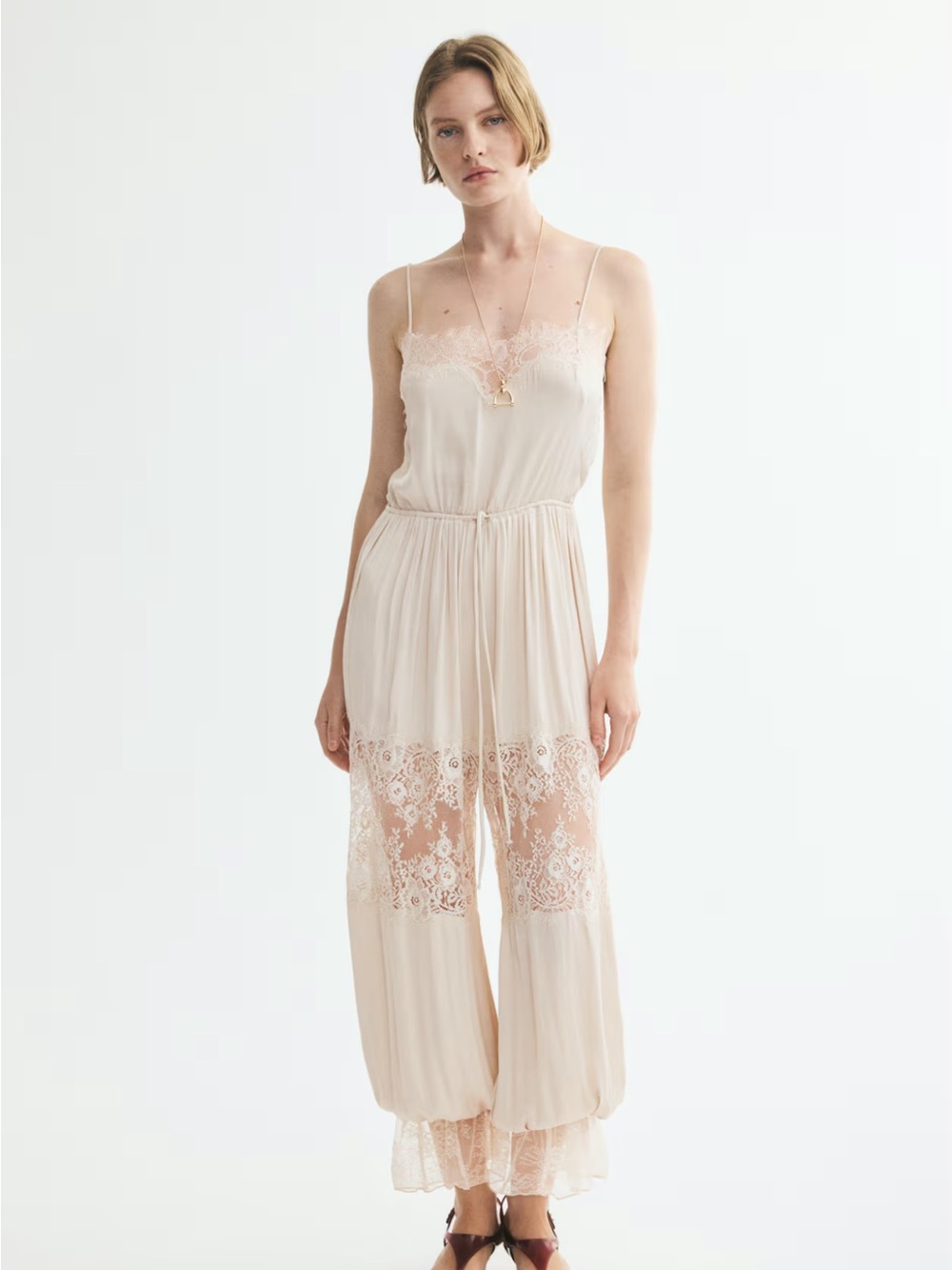 H&M Lace-Trim Cream Spaghetti-Strap Jumpsuit
